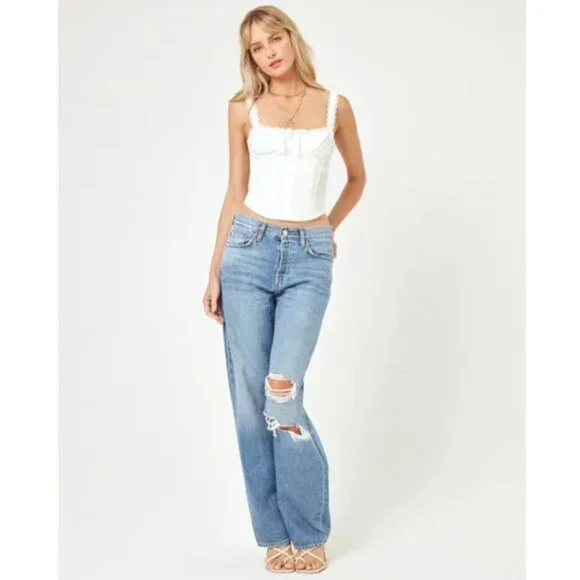 L*Space Jamie Cute Lace Trim Corset Top Smocked Cotton White Large - Picture 2 of 8